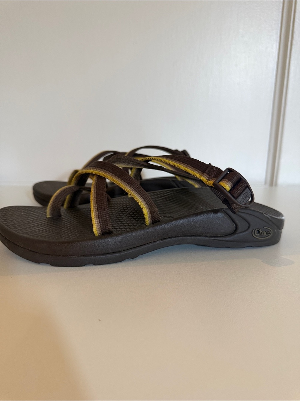 Chaco Brown and Yellow Slide Sandals